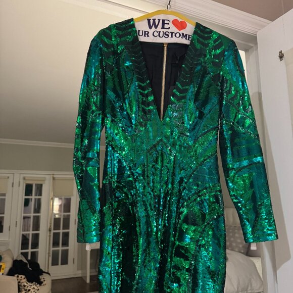 Balmain × H&M 2015 Runway Emerald Green Sequin Zipper Plunge Dress Size 2 NWT - Picture 6 of 14